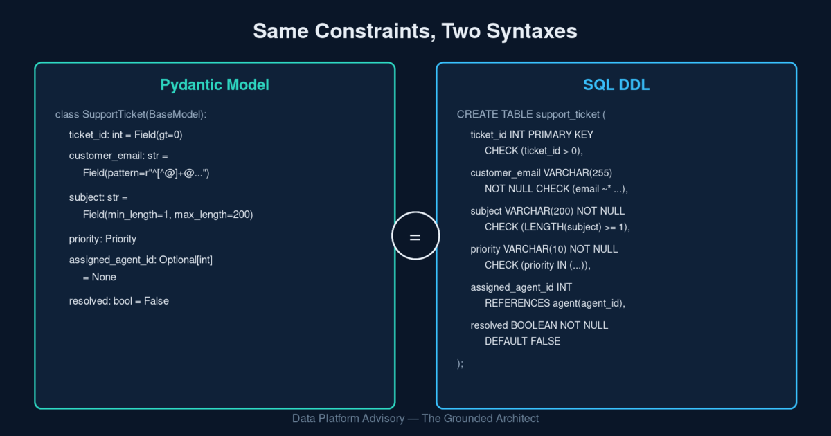 Side-by-side diagram comparing a Pydantic model class with typed fields and constraints against an equivalent SQL CREATE TABLE statement with matching column types and CHECK constraints
